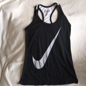 NIKE DRI-FIT TANK TOP, WOMENS XS, BLACK AND WHITE, GRAY SWOOSH ON THE FRONT